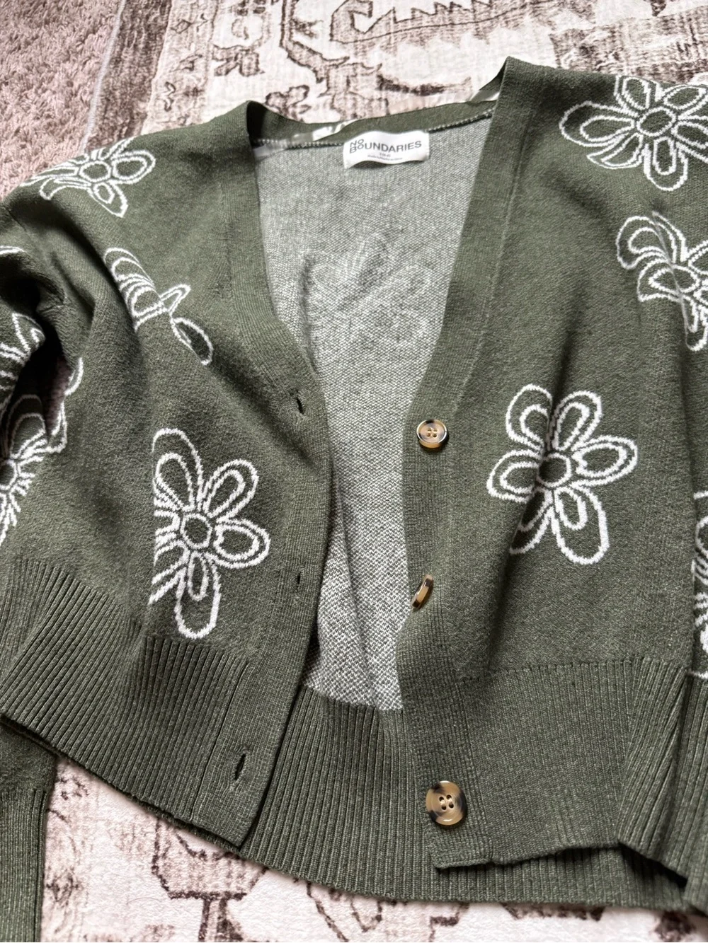 Olive Green Floral Knit Cardigan - Picture 3 of 4